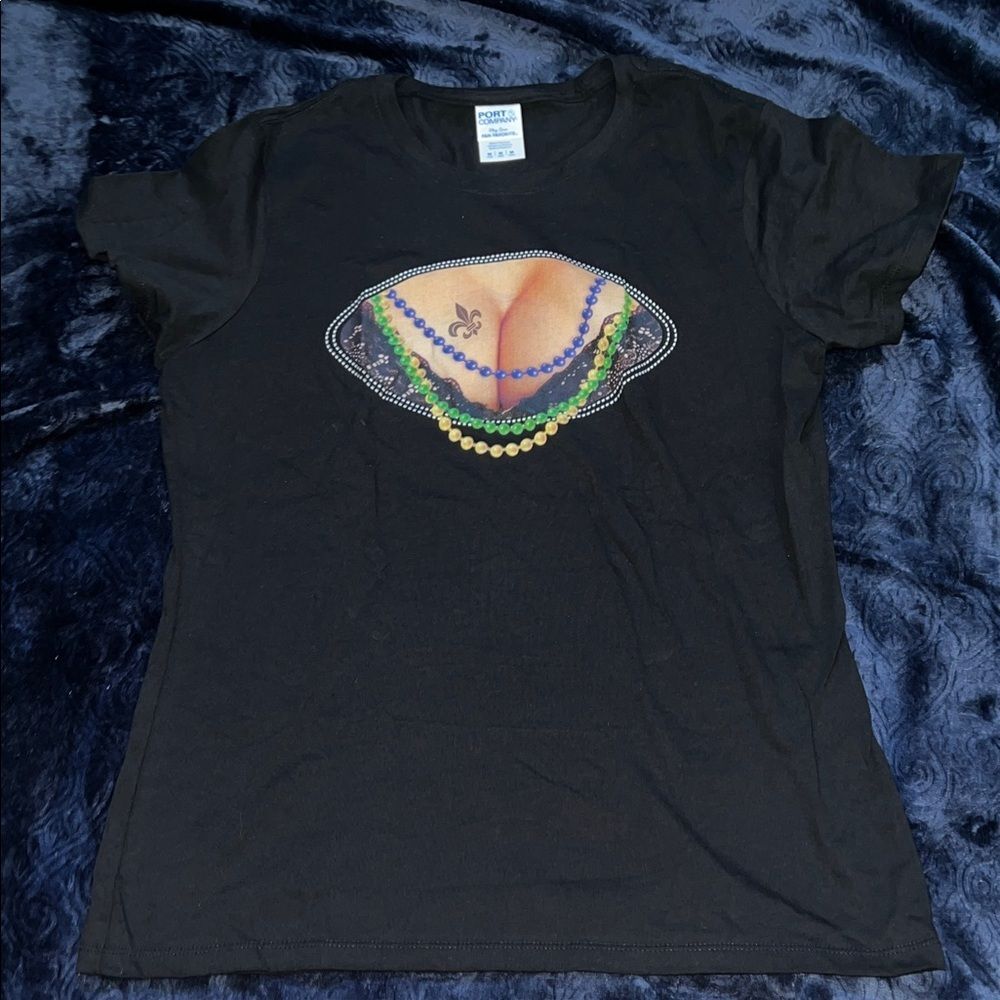 Mardi Gras Beads Novelty Black Tee Fluer De Lis (Ladies M)